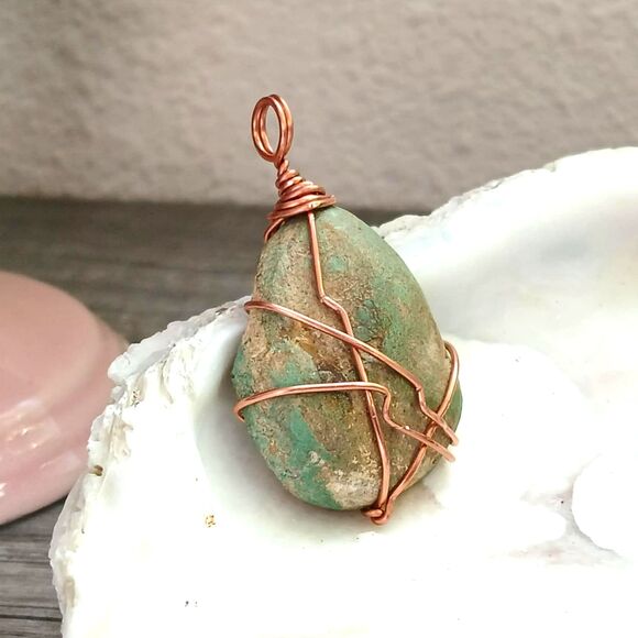 Turquoise Crystal Pendant, Copper Wire Gemstone Pendant, 1.75" - Picture 2 of 5